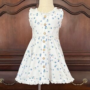 White Floral Button Front Dress Size 4 Blue Ditsy Print Ruffle Trim